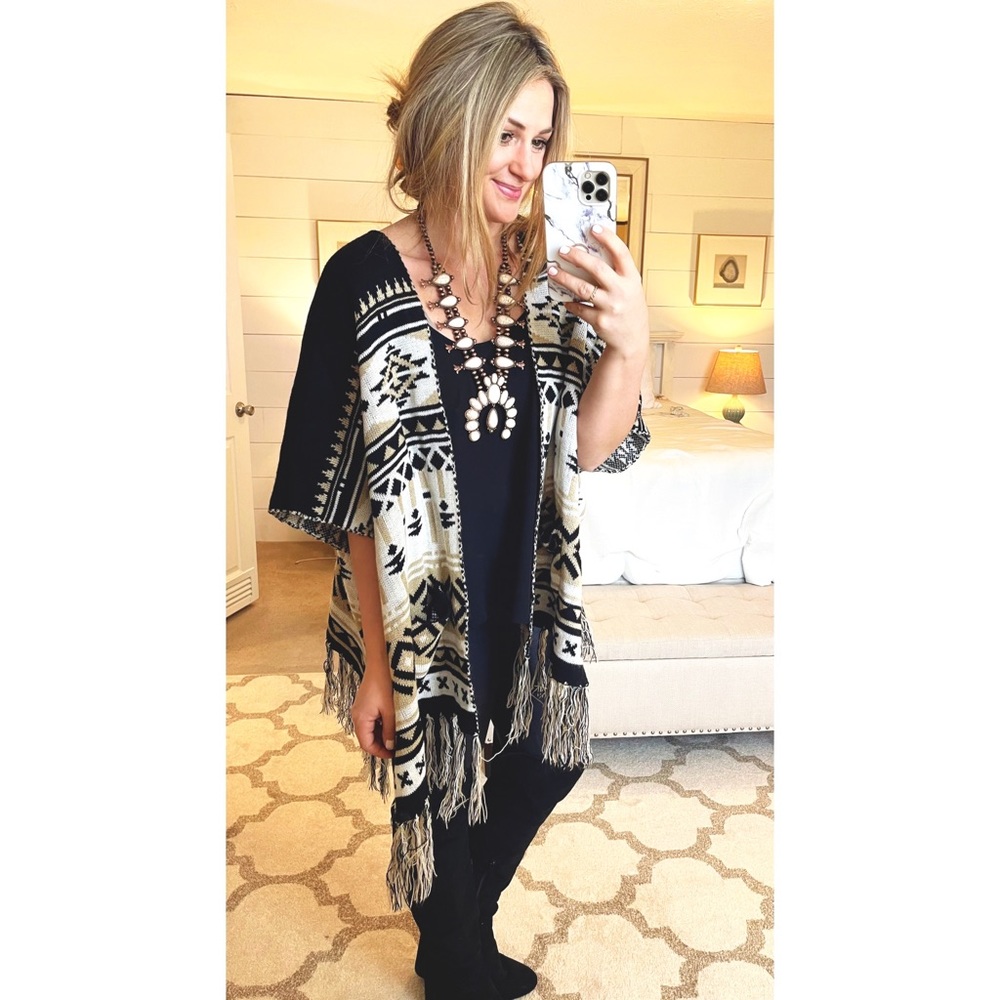 Love Tree Black and Cream Aztec Fringe Open Cardigan Sweater